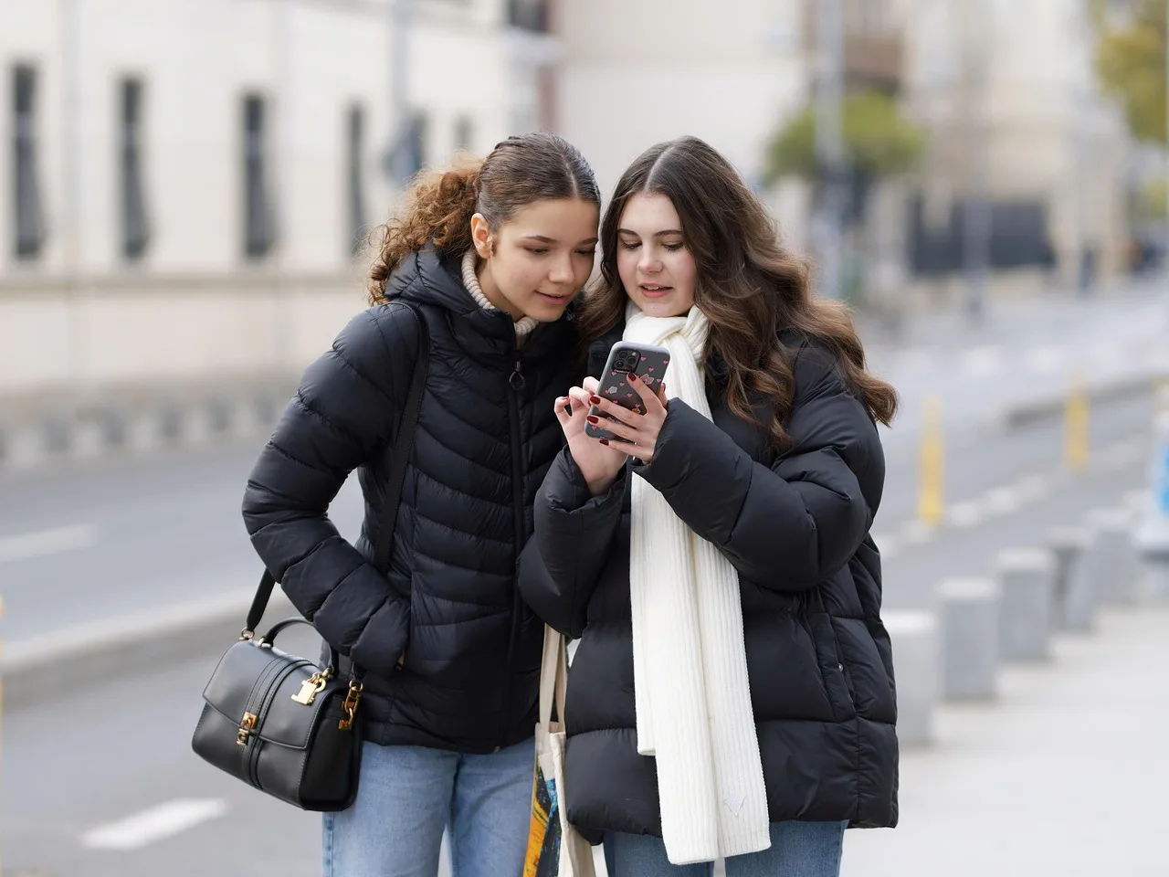 women, beauty, outdoors, casual, looking, smartphone, sidewalk, winter, urban, lifestyle, portrait, friends, girls, together, happy, happinesss, street, snapshot, street photography. Gen Z influencer marketing examples, taken apart
